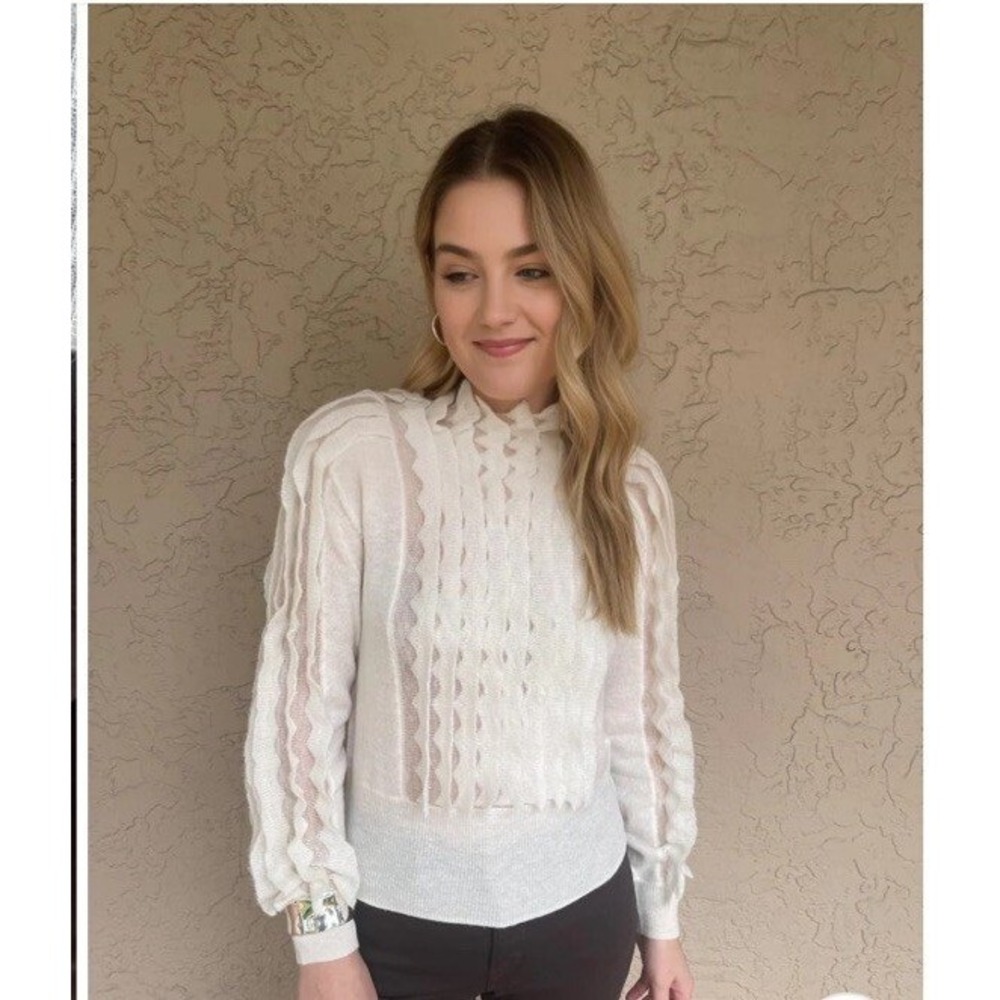 Sita Murt Cream Wool Alpaca Blend Ruffle Mock Neck Sweater Small Ivory‎ White